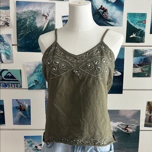 Green 2000s Beaded Spaghetti Strap Adjustable Tank Top